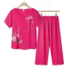 Conjunto de Duas Peças de Calça Cropped Estampada de Algodão e Linho Respirável de Verão Personalizado, Tamanho Grande, Fresco, Confortável, Macio e Usável