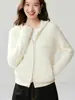 Cardigan de zíper com capuz em tricô waffle 100% cashmere puro, feminino, curto, modelagem solta, suéter de tricô versátil