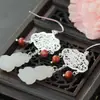 Nafoge Joyería de Plata al por Mayor Pendientes Clásicos de Plata de Ley 925 Jade Hetiano Natural Pez Dorado Pequeño Pendientes de Plata con Borla Larga