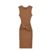 Vestido de Tricô sem Mangas com Cintura Torcida e Design que Abraça o Corpo, Cintura Marcada, Emagrecedor, Vestido Regata, Saia Longa, Algodão