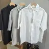 Camisas Sueltas de Lino Francés para Hombre y Mujer de Verano Camisas de Manga Corta con Cuello de Solapa y Bolsillos Tops Casuales de Media Manga 484876