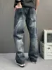 Jeans Cinza Fumê Degradê Estilo de Rua para Homens, Lavado e Desgastado, Micro Flare, Comprimento Total, Marca Tendência, Calça Longa Solta de Perna Larga