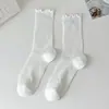 Meias com Babado de Renda para Mulheres, Estilo Fino de Primavera e Verão, Algodão Puro, Resistente a Odores, Absorventes de Suor, Respiráveis, Meias de Cano Médio, Anti-Pilling, Meias Longas Versáteis