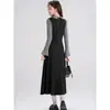 Vestido vintage estilo francés, nueva colección otoño/invierno, diseño elegante, estilo falso dos piezas, adecuado para figuras ligeramente curvilíneas, vestido largo talla grande