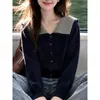 Novo Cardigan Elegante de Tricô Outono/Inverno 2026 Estilo College Coreano Gola Azul Marinho Listrado Suéter de Botão Único para Mulheres