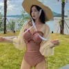Maiô Peça Única Feminino Verão Cobertura da Barriga Emagrecimento Manga Longa Sexy Biquíni Fonte Termal Conservador Levanta Biquíni Coreano ins