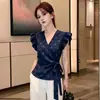 Camisa Francesa Personalizada de Cuello en V con Lunares y Mangas Acampanadas para Mujer 2026 Verano Nueva Elegante con Cordones para Cintura y Atar