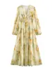 Vestido de chá floral estilo retrô francês com decote V, mangas bufantes tipo lanterna, cintura marcada e saia fluida, perfeito para e-commerce transfronteiriço