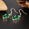 Brincos Verdes de Calcedônia Estilo Étnico Vintage Zircônia Microincrustada Feminina Gancho de Orelha de Ágata Verde Longo para Presente de Aniversário de Namorada
