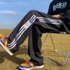 Pantalones Casuales a Rayas para Hombre Otoño Estilo Hong Kong Ins Marca de Moda Etiquetado Suelto Combinable High Street Pierna Recta Pierna Ancha Pantalones Deportivos