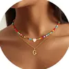 Collar de Cadena de Clavícula en Capas con Colgante de 26 Letras Transfronterizo Nuevo Europeo y Americano, Piedra Natural, Corazón, Combinación de Colores Dopamina, con Cuentas