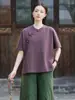 26 Verão Novo Algodão Linho Roupas Femininas Estilo Zen Budista Retrô Gola Alta Costura Botões de Rã Roupas Lisas Lapela Assimétrica Camisa Top
