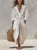 2026 Estación independiente transfronteriza europea y americana para mujer, color liso, cuello de camisa, de un solo botón, con bolsillo, cárdigan, manga larga, vestido casual