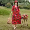 Vestido feminino de alta qualidade na cor vermelho rosa plus size para mães, vestido de algodão e seda que disfarça a barriga e emagrece, vestido de praia azul de corte solto com barra larga para usar por cima
