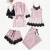 Ropa Interior Sexy Explosiones Europeas y Americanas Encaje Sexy Tirantes Pantalones Cortos de Encaje Pantalones Cárdigan Bata de Mañana Conjunto de Cinco Piezas Ropa para el Hogar