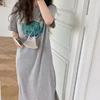 Vestido Camiseta de Manga Curta de Verão para Mulheres, Estilo Longo Acima do Joelho, Casual Elegante de Caimento Solto, Emagrecimento com Franzidos e Fenda, Vestido Preguiçoso da Moda