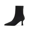Botas Elásticas Ajustadas para Mujer, Tacón Delgado, Nuevo Modelo Otoño/Invierno, Cierre Trasero, Gamuza, Botines Versátiles Negros de Media Pantorrilla, Botines de Tacón Alto con Punta