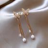 Pendientes de borla de perla cuadrada con diamantes y alfiler de plata, estilo francés, retro, ligeros, de lujo, largos, de alta gama, para mujer.