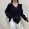 Estilo Transfronteiriço Decote V Fenda Tricô Protetor Solar Seda Gelo para Mulheres Outono Novo Solto Casual Estilo Estrangeiro Blusa Fina para Ar Condicionado