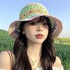 Sombrero de Paja Calado Arcoíris de Dopamina para Mujer Verano Nuevo Vacaciones Junto al Mar Sombrero Parasol Protector Solar Cabeza Grande Wai Sombrero de Pescador