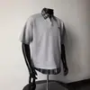 Camisa Polo Xadrez Estilo Americano para Homens, Manga Curta, Falso Duas Peças, Patchwork Bordado, Top Casual Estilo College