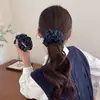 Goma para el pelo coreana retro azul marino de doble capa con lunares para niñas, estilo universitario, banda para moño y coleta que ilumina