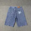 Jaqueta Jeans Corteiz Alcatraz Bordada com Estrela Transfronteiriça High Street Vintage Shorts Desgastados Calças de Cinco Pontos Tendência