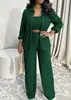 Conjunto de tres piezas para mujer transfronterizo: camisa holgada de textura plisada, pantalones de pierna ancha con tirantes, traje casual de color liso