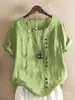 Camiseta Casual de Algodón y Lino para Mujer, Manga Corta, Cuello Redondo, Botones, Estilo Europeo y Americano, para Vacaciones y Calle, 2024