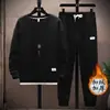 Sudadera gruesa de gran tamaño con forro polar y estampado de gofres para otoño e invierno, conjunto casual deportivo versátil de dos piezas para hombre en color liso