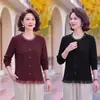 Nova moda de outono roupa de mãe elástica segunda pele top estiloso que afina gola redonda camiseta manga longa para mulheres de meia-idade e idosas