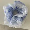 Anillo para el Cabello de Intestino Grande de Encaje Rayado Azul para Niña Coreana Banda para el Cabello de Bola Doble Capa para Mujer Pinzas para el Cabello Diadema Retro Adorno para la Cabeza