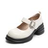 Nuevos zapatos Mary Jane de cuero pequeños con punta redonda y hebilla recta de cuero genuino, tacón medio de diamante y piel con imprimación ligera para uniforme de mujer.