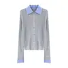 Blusa de tricô com gola de camisa color-block, efeito de duas peças, para mulheres, peça de outer wear de outono, efeito emagrecedor, cardigã de lã mista canelado