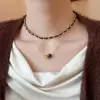 Hanluo~Collar de Cadena para Clavícula Redondo de Piedra Ojo de Tigre Bañado en Oro Real de 18K Retro de Alta Gama Moda Elegante