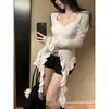 [Modal de rayón de calidad Tmall] Camiseta de manga larga con cuello cuadrado de las Spice Girls, top ajustado irregular con volantes