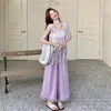 Moda Verão 2026 Casual Arco-Íris Vazado com Franjas Colete e Calça Roxa Conjunto de Duas Peças Tendência