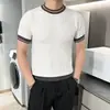 Camiseta de Punto Fino de Seda de Hielo de Manga Corta para Hombre, Verano, Raya Vertical, Corte Ajustado, Manga Media, Casual, Sencilla