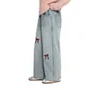 Pantalones para Niña Pudding Haru con Bordado de Lazo, Jeans Gruesos Forrados de Felpa para Niña, Pantalones Rectos Dulces y Modernos