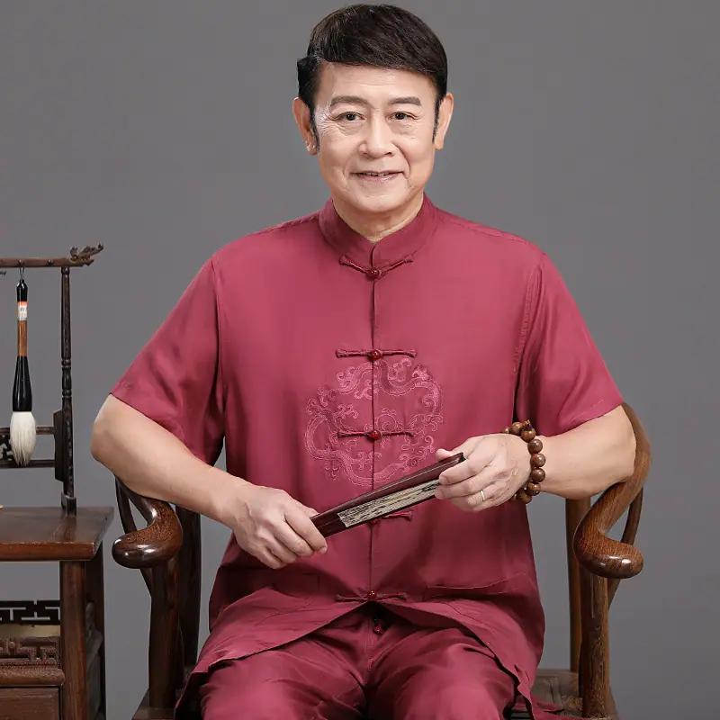 智贝主图_2中老年爷爷夏季男士爸爸衬衫短袖绸缎桑蚕丝男中国