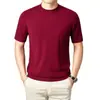 Camiseta de Punto Fina de Lujo Ligero para Hombre, Manga Corta para Primavera y Otoño, Moda y Tendencia, Sencilla Camisa Base de Lana con Cuello Semi Alto