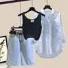 Conjunto de Verano para Mujer Tallas Grandes 2025 Nuevo Estilo Camisa con Protección Solar, Camisola, Shorts de Mezclilla Conjunto de Tres Piezas Adelgazante