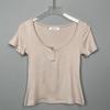 Camiseta Negra Autodiseñada de Dongdaemun Corea Adelgazante~Sexy Cuello Semiabierto Mostrando el Pecho Ajustada de Manga Corta Estilo Ay Corto Ropa Interior