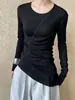 Camiseta blanca irregular para mujer estilo francés, cintura ceñida, hombros rectos, diseño de primavera y otoño, top chic de manga larga estilo coreano