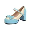 Elegantes Zapatos Mary Jane con Ribete de Encaje y Moño Bloqueado por Color, Boca Baja, Tacones Gruesos Altos, Tallas 32-48, Zapatos de Exportación