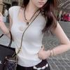 Top de punto a rayas con efecto hielo de manga corta para mujer 2025 Nuevo Verano Petite Delgado Corto Cuello Cuadrado Delgado Camiseta Top