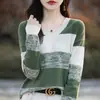 Camisa de manga larga de algodón puro estilo universitario vintage transfronteriza con cuello en V y bloques de color contrastantes, versátil para mujeres en primavera y otoño