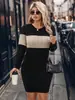 Vestido Jersey de Punto Bodycon con Rayas Contrastantes Otoño Invierno Cuello Redondo Manga Larga Elástico Adelgazante Tallas Grandes para Mujer