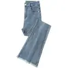 Jeans con borde deshilachado para mujer, otoño e invierno 2022, nuevos de primavera, cintura alta, adelgazantes, estilo pequeño de herradura, micro campana, pantalones, niños
