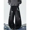Jeans Retro Americano Pesadamente Lavados Sueltos Casuales de Pierna Ancha Borde Crudo Diseño de Estrella Jeans